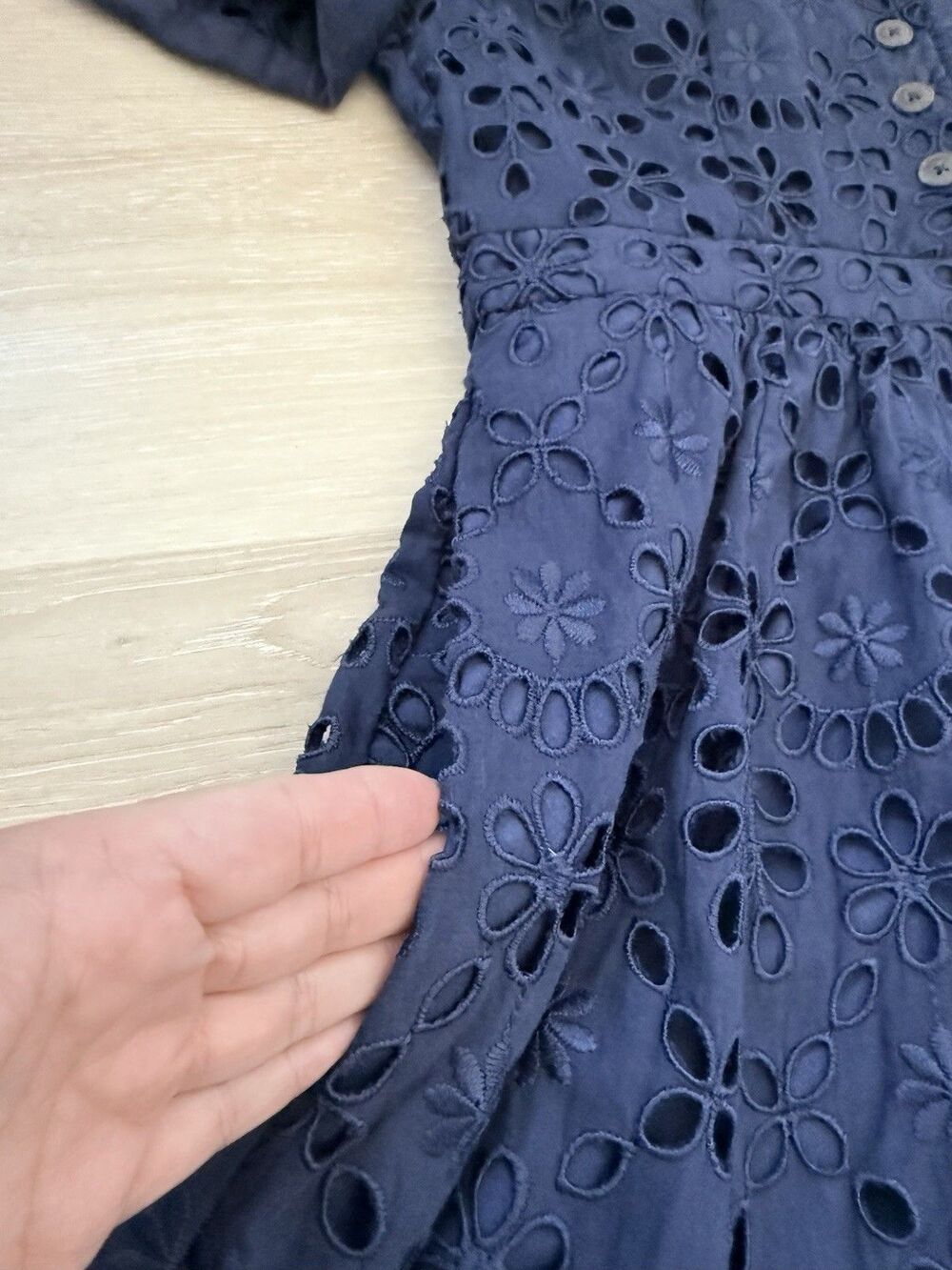 J Crew Embroidered Eyelet Navy Midi Dress Sz 2 1940s Retro Pockets Lucy Pinup - Picture 13 of 16